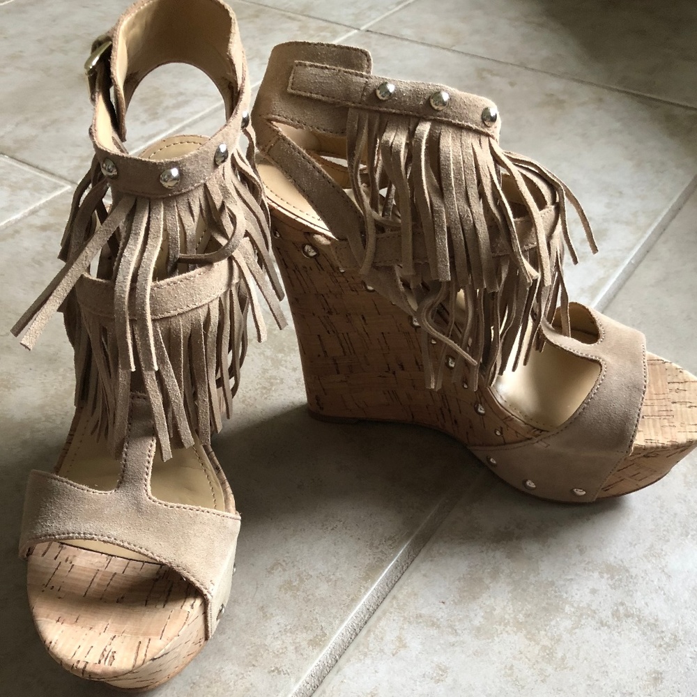 Guess Light Brown Fringe Wedges